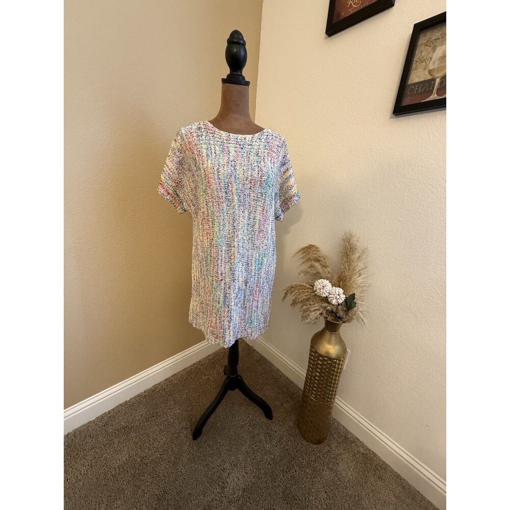 Cupio Blush Dye Knit Mini Dress XL Rainbow Marl Shift Tunic Boho Short Sleeve